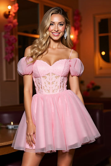 Pink Tulle A Line Corset Cold Shoulder Short Prom Dress